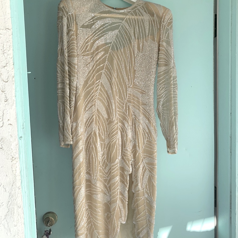 Knock out fully beaded cream colored dress w/slit